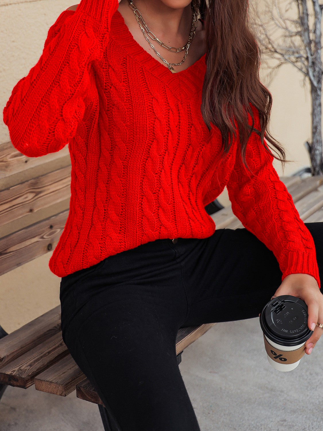 Outfit Flow - Honey Cable-Knit V-Neck Cold Shoulder Sweater