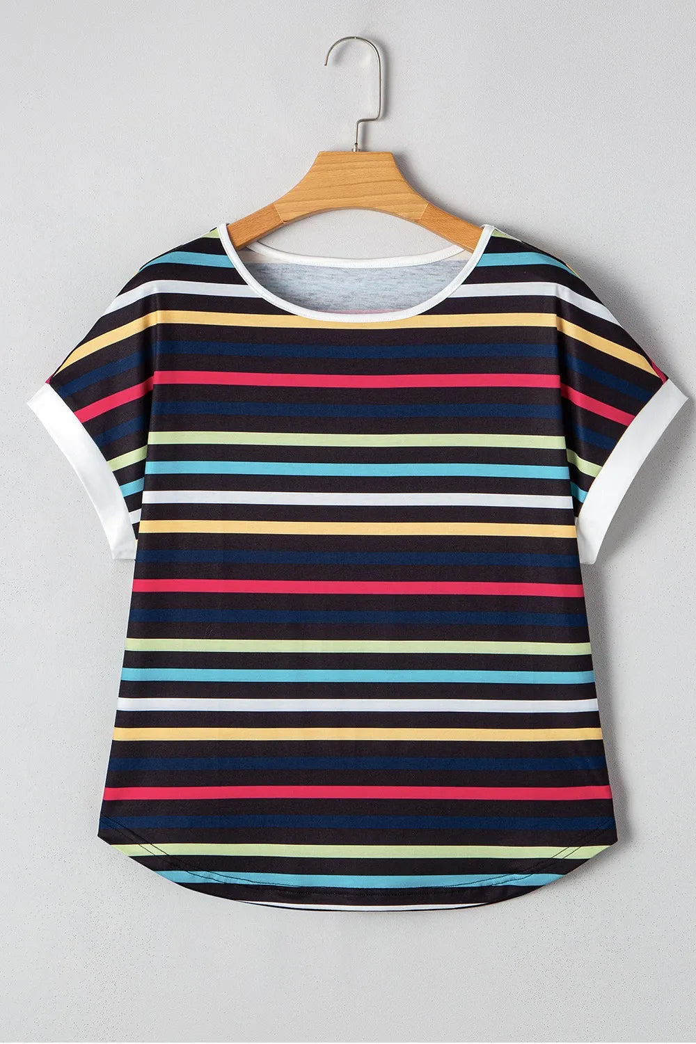 Colorful Striped Short Sleeve Casual T-Shirt OutfitFlow
