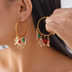 Christmas Theme Hoop Earrings Gold One Size OutfitFlow