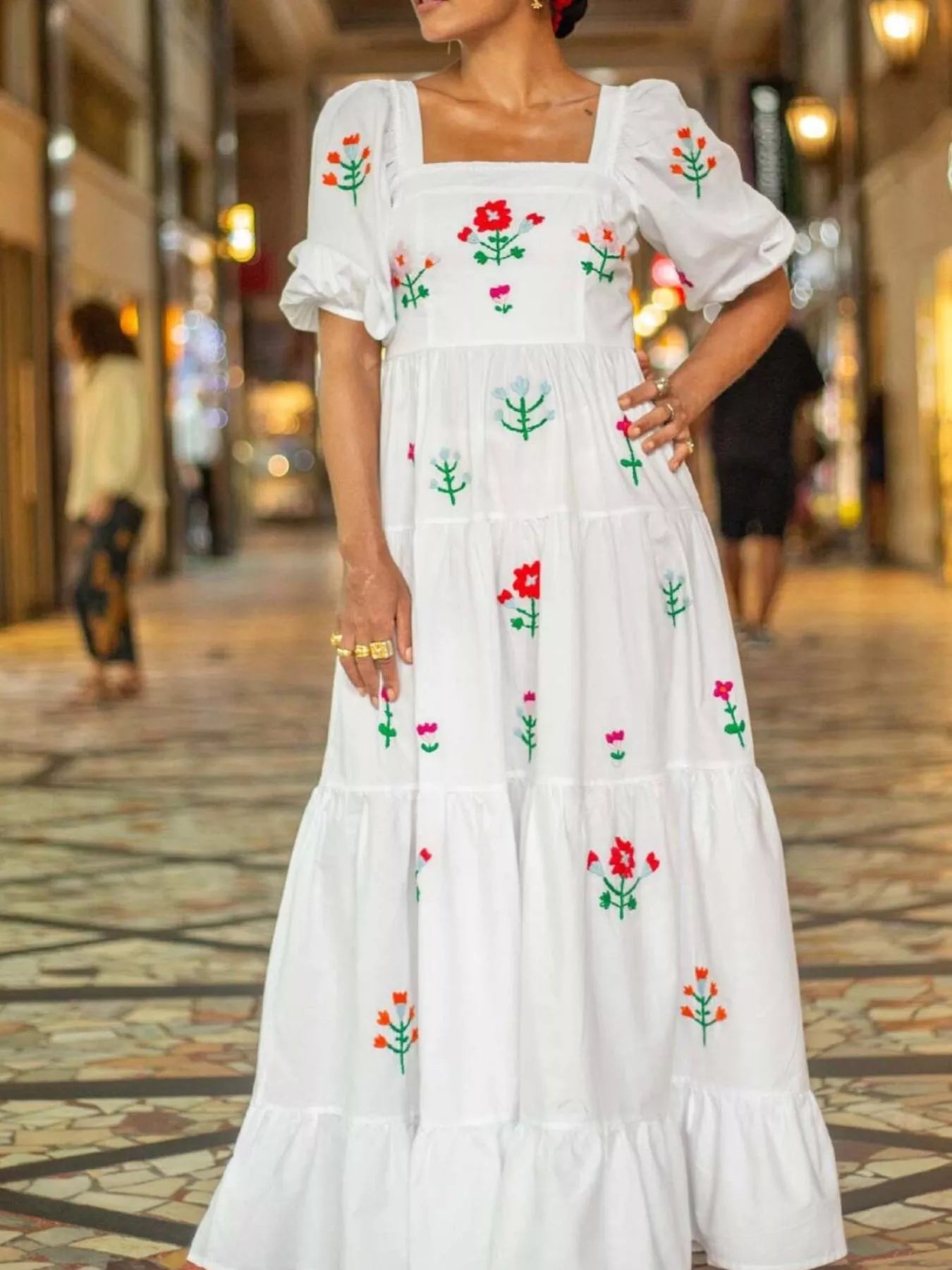 Square Neck Tiered Maxi Dress White OutfitFlow