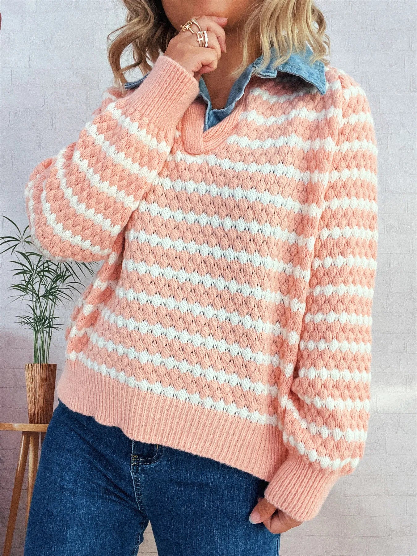 Contrast Striped Sweater with Denim Collar OutfitFlow