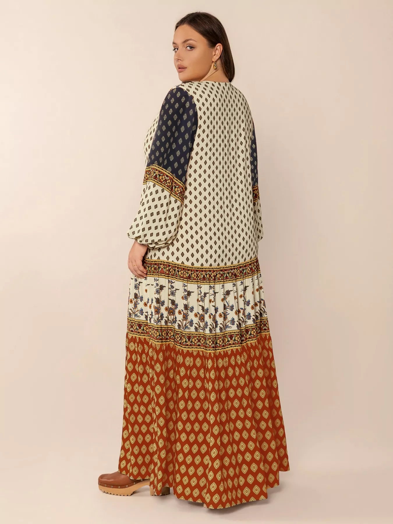 Plus Size Notched Balloon Sleeve Maxi Dress OutfitFlow