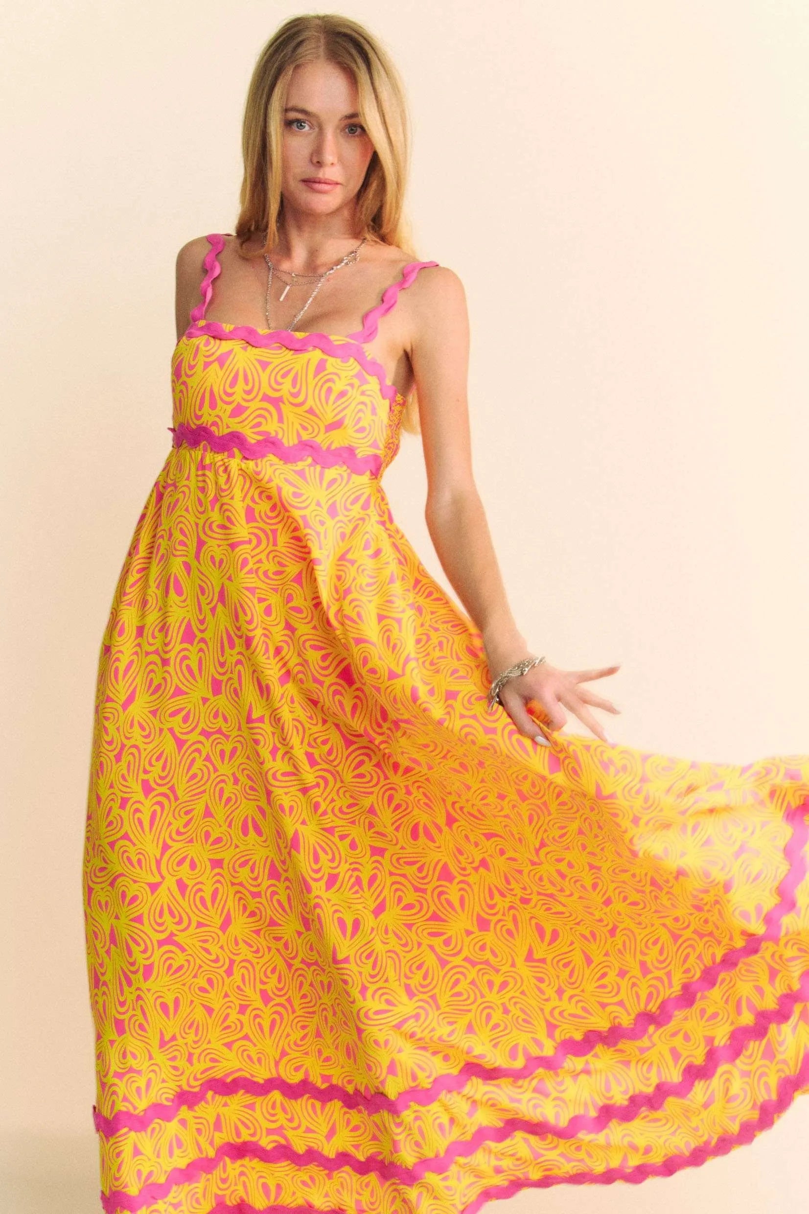 Davi & Dani Geo 2 Tone Printed Wavi Trim Tiered Maxi Dress OutfitFlow