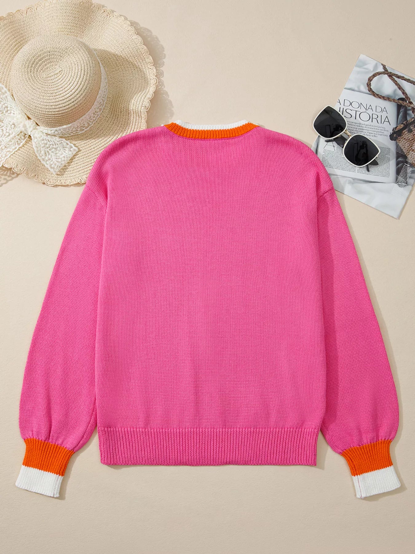 Contrast Crew Neck Pearled Decor Drop Shoulder Knit Sweater OutfitFlow