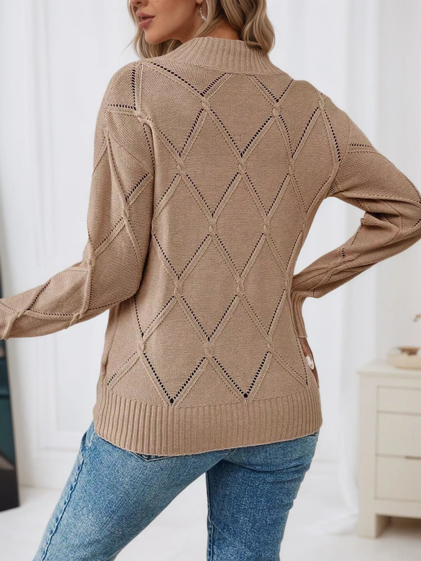 Long Sleeve Diamond Eyelet Knit Top OutfitFlow