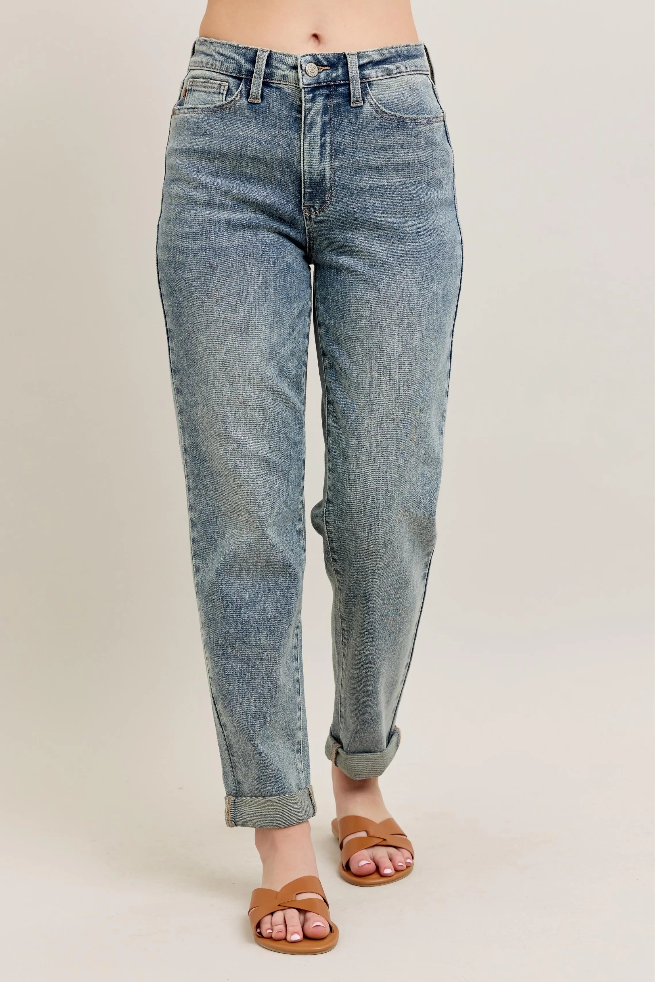 Judy Blue Full Size Hw Vintage Wash Double Roll Cuff Bf Jeans Plus Size OutfitFlow