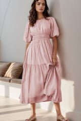 Puff Sleeve Pleated High Waist Flowy Midi Dress Blush Pink OutfitFlow