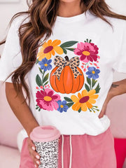 Pumpkin Floral Graphic Round Neck T-Shirt OutfitFlow