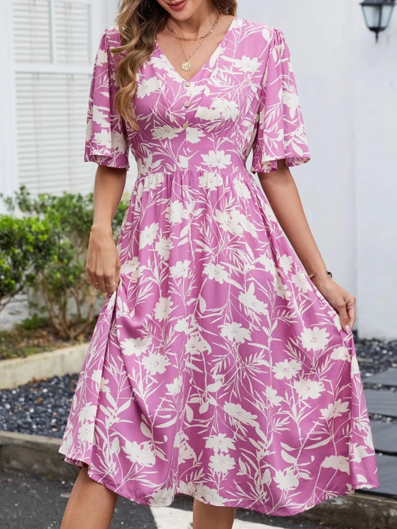 Floral Flutter Sleeve V-Neck Summer Midi Dress OutfitFlow