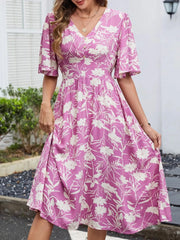 Floral Flutter Sleeve V-Neck Summer Midi Dress OutfitFlow