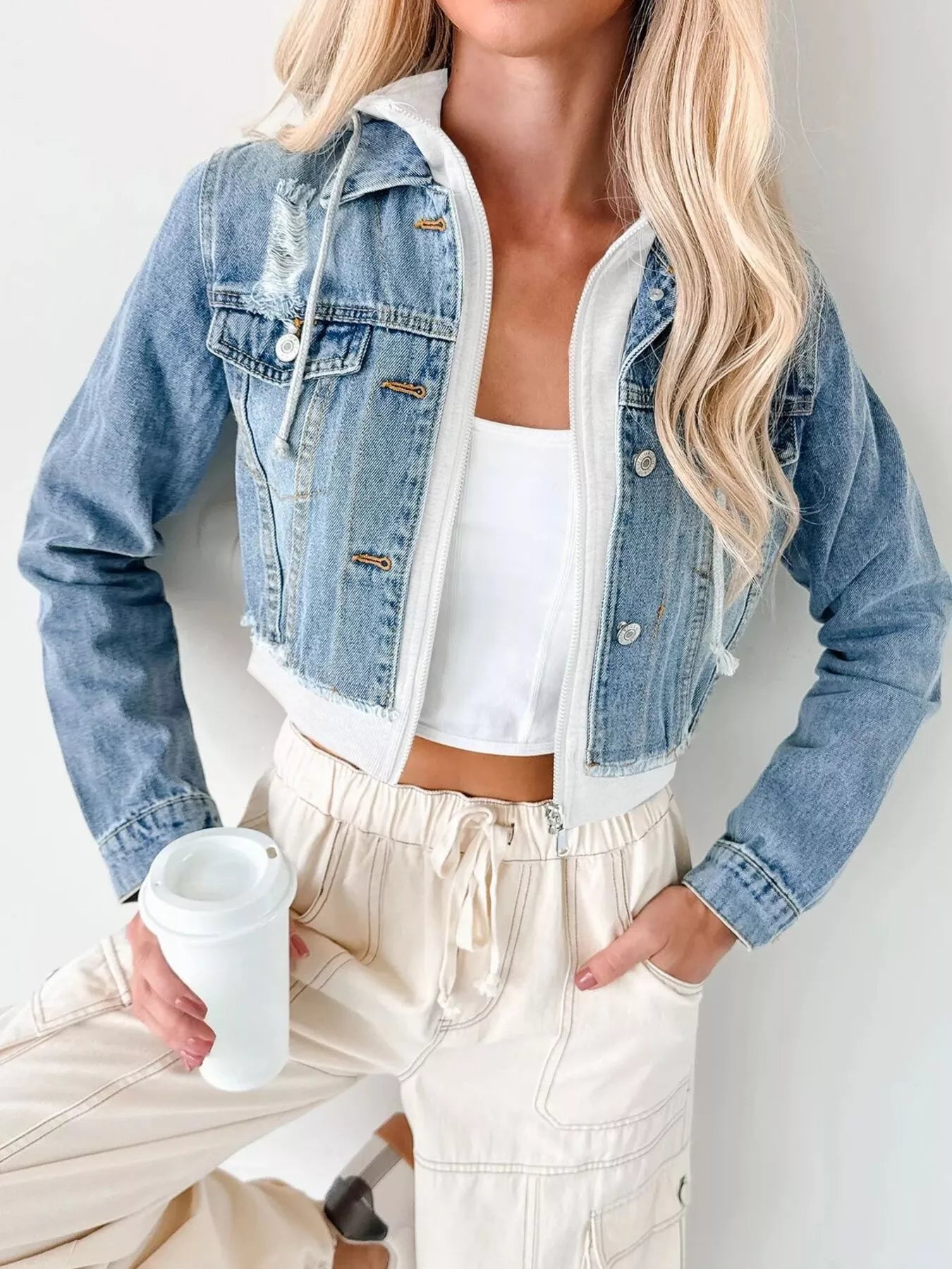 Distressed Zip Up Cropped Hooded Denim Jacket Dark Blue White OutfitFlow