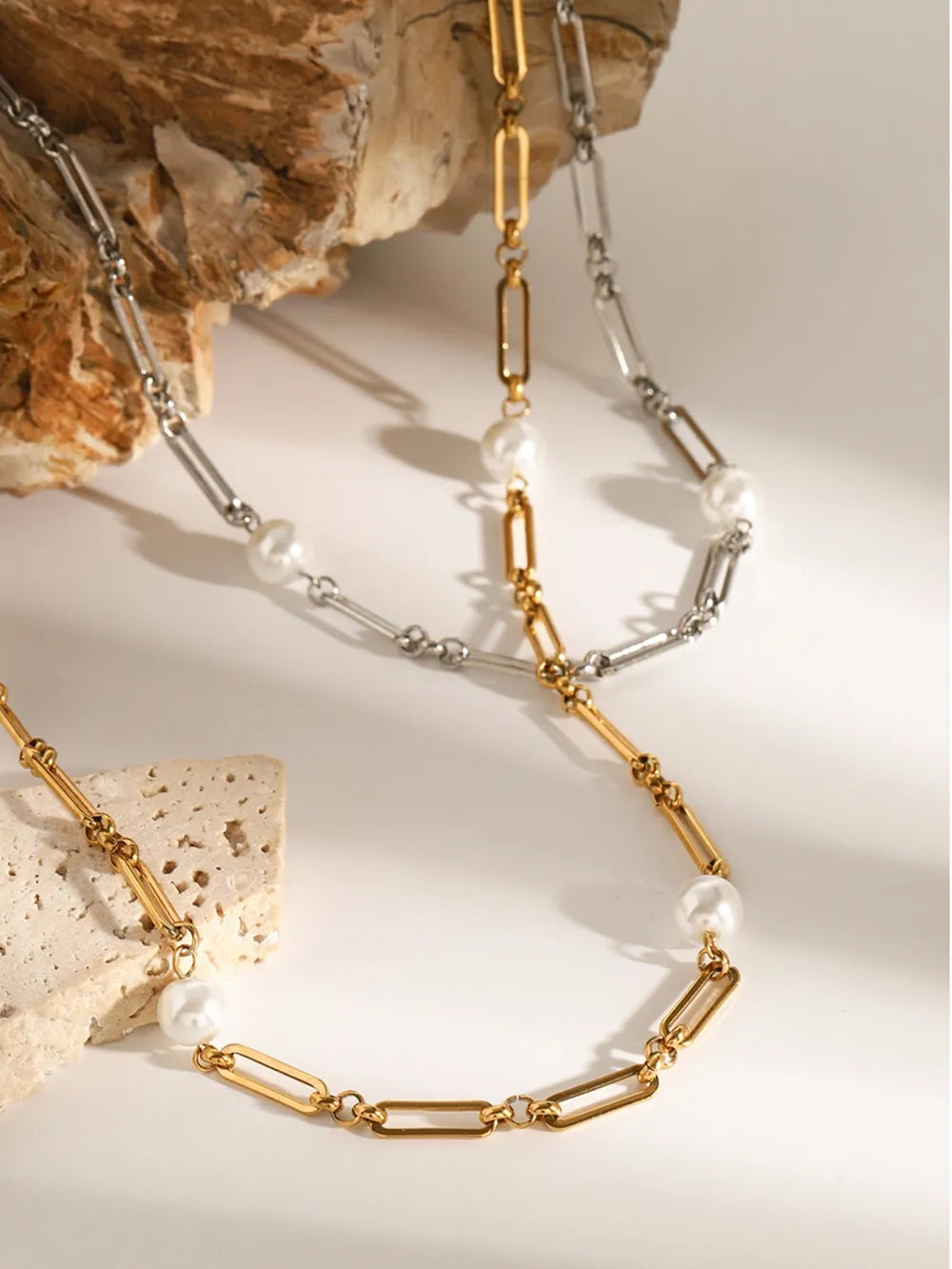 Stainless Steel Pearl Chain Necklace OutfitFlow