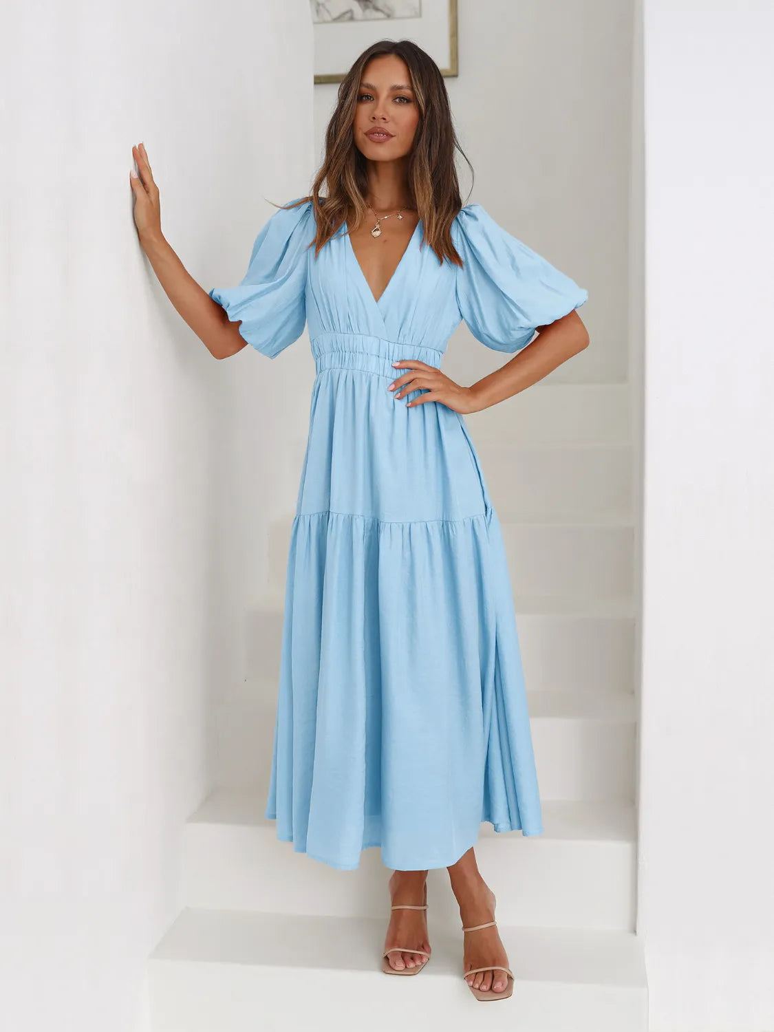 Surplice Half Puff Sleeve Midi Dress OutfitFlow