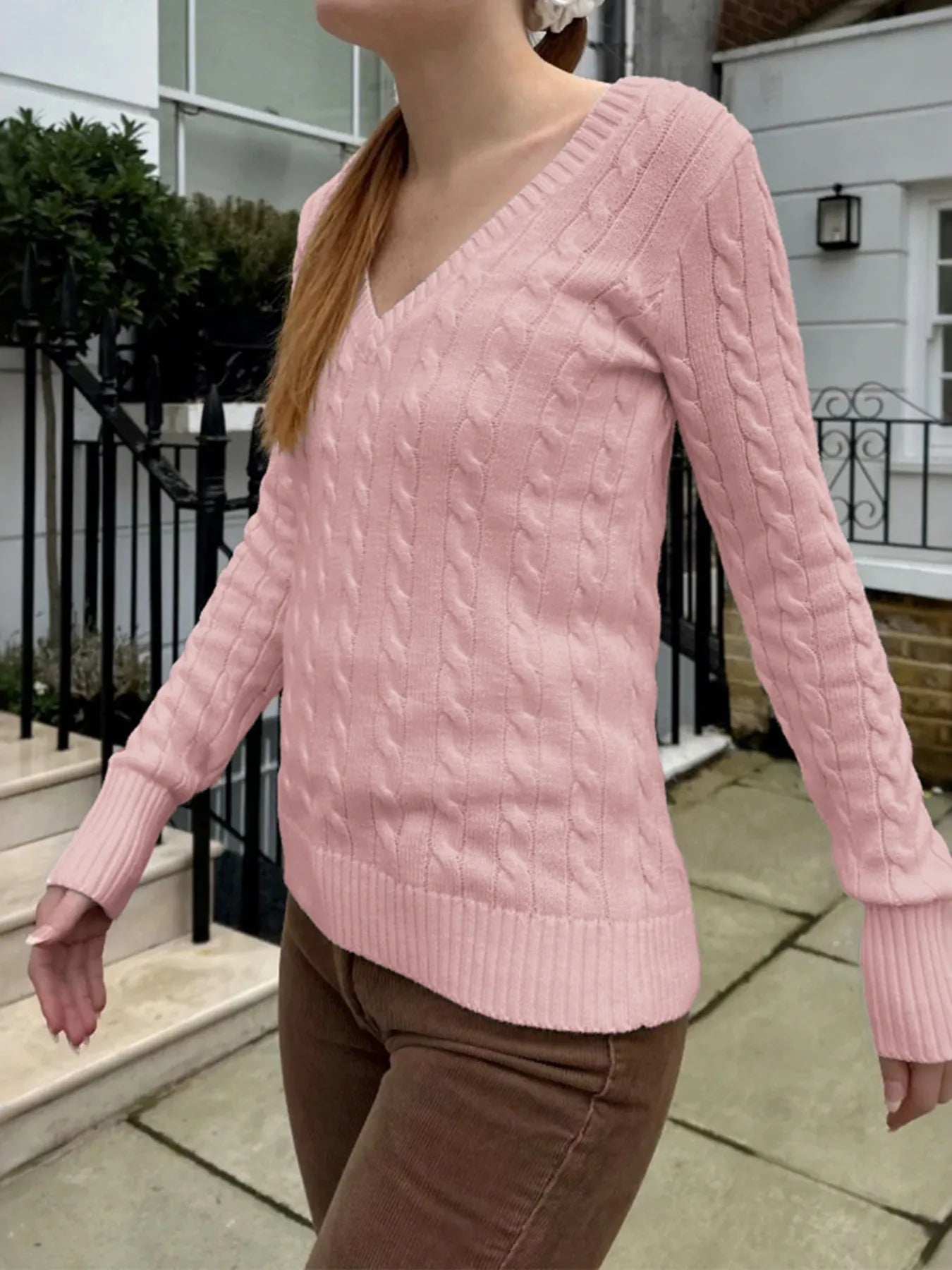 Cable Knit V-Neck Sweater Trendsi