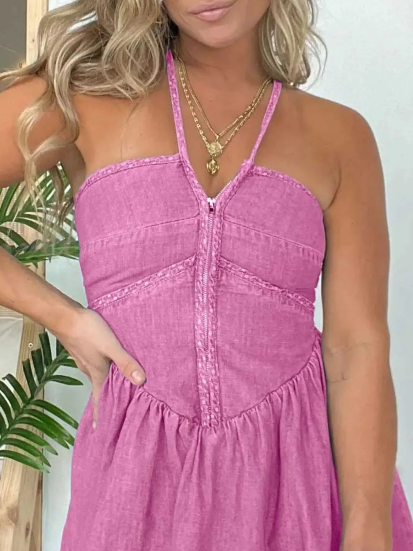 Full Size Lace Up Halter Neck Denim Dress Plus Size OutfitFlow