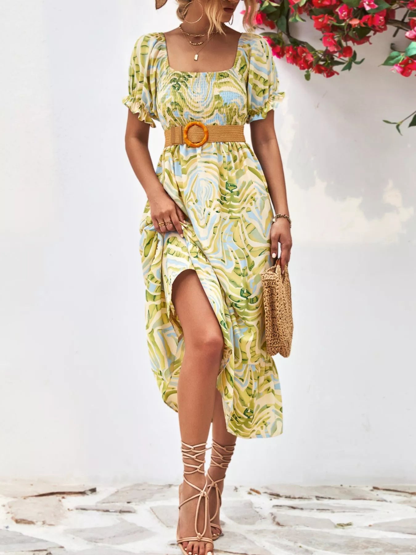Smocked Printed Puff Sleeve Midi Dress OutfitFlow