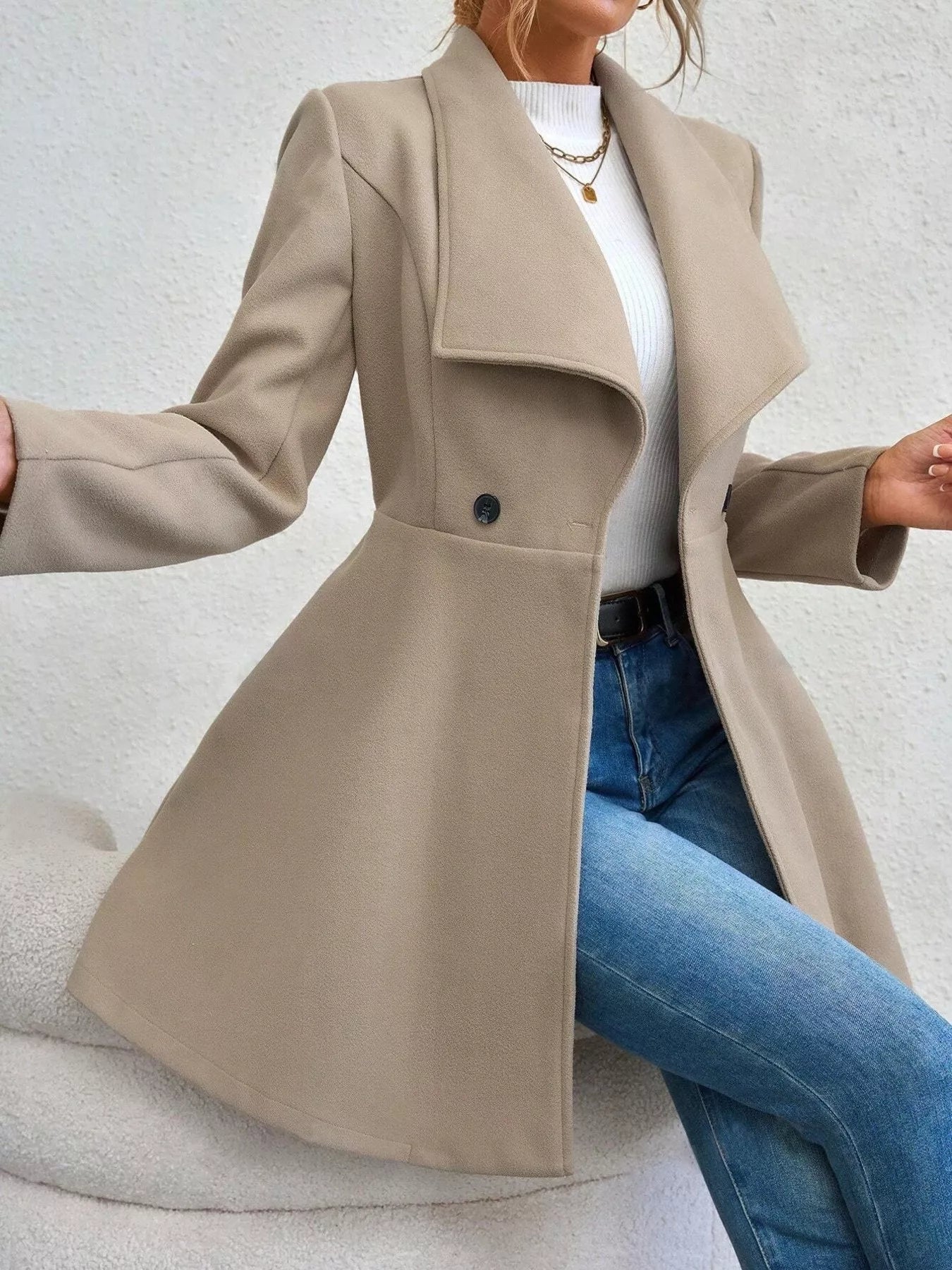 Collared Neck Double Breasted Coat Trendsi