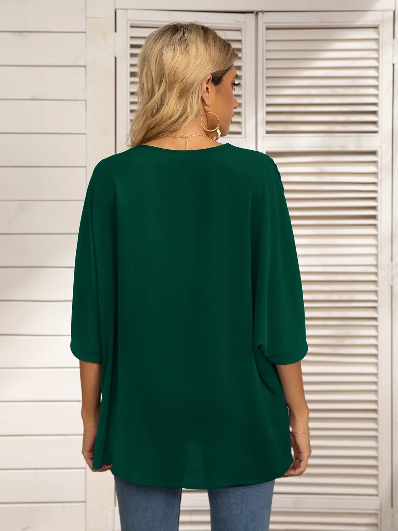 Printed Trim V-Neck Batwing Sleeve Blouse OutfitFlow