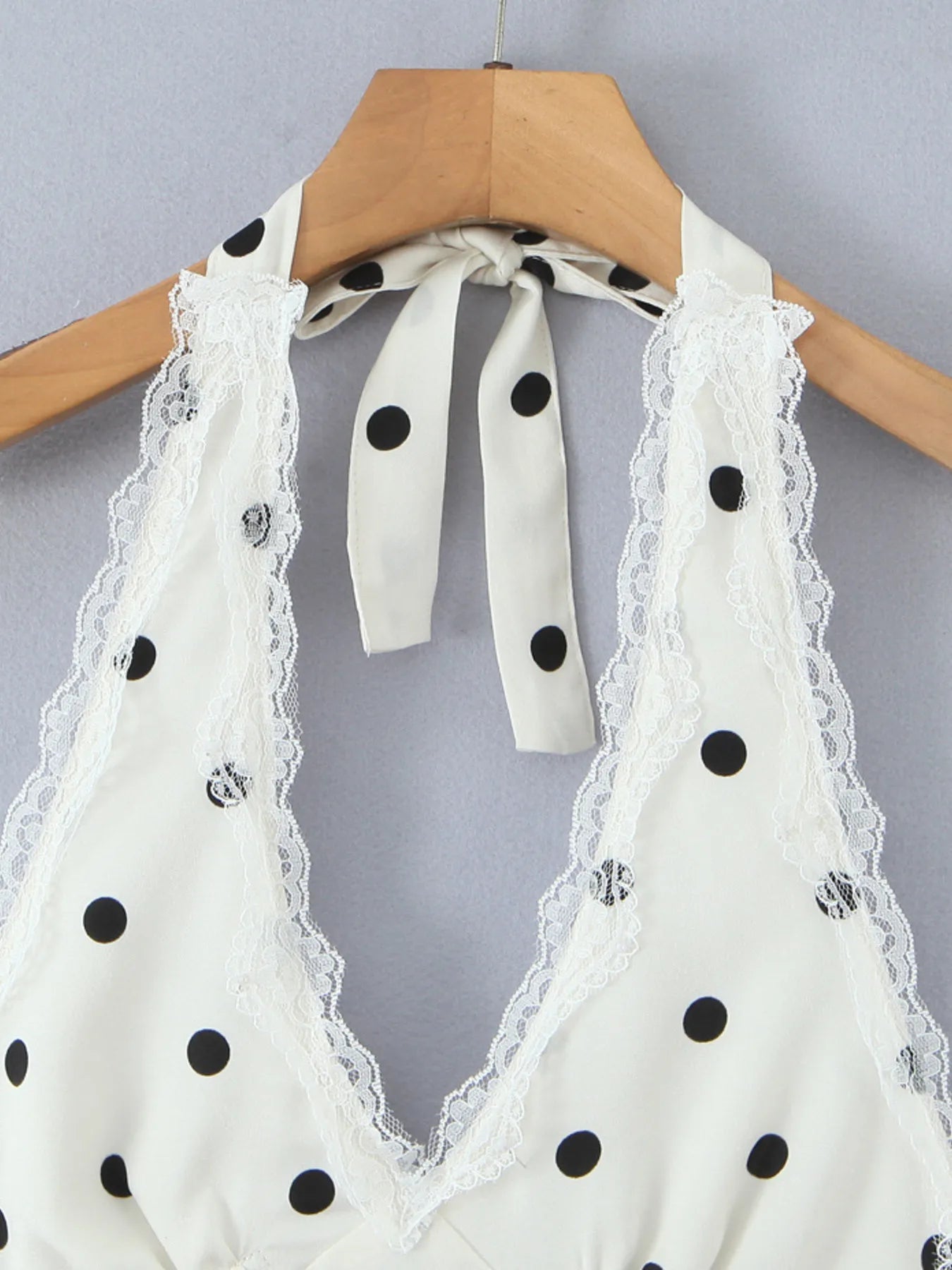 Polka Dot Halter Mini Dress with Lace Trim OutfitFlow