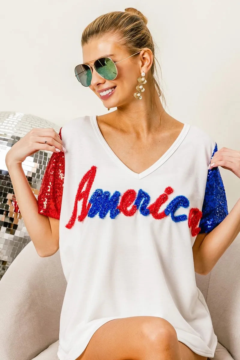 BiBi Metallic Letter V-neck Sequin Sleeves Top OutfitFlow
