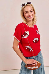 BiBi Gameday Sequin Football Embroidered Stitch Sweater OutfitFlow