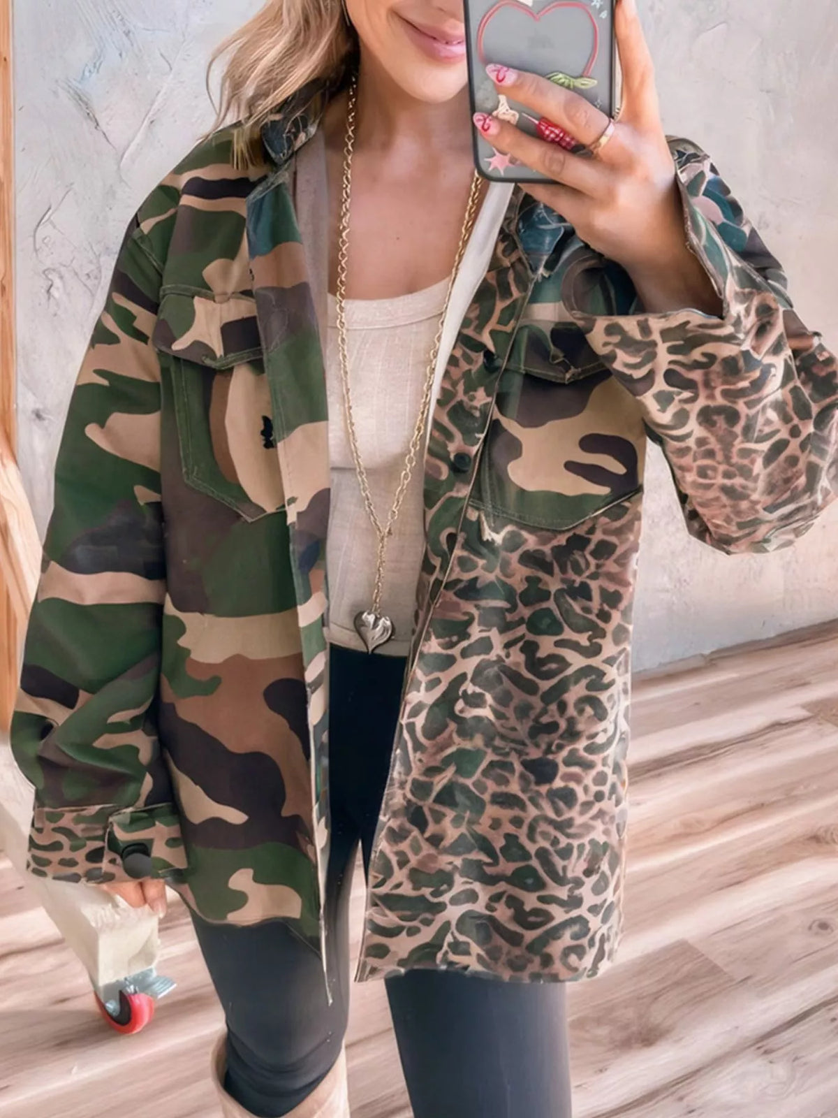 Camouflage Leopard Print Mixed Pattern Oversized Jacket Green Camouflage Trendsi