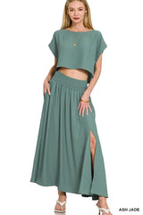 Zenana Heavy Woven Span Crop Tee & Skirt Set OutfitFlow