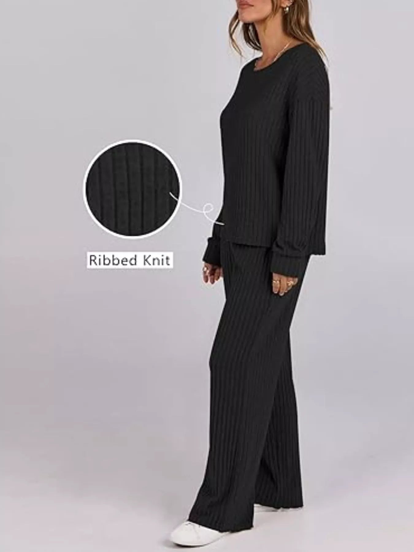 Relaxed Fit Ribbed Knit Top and Pants Set OutfitFlow