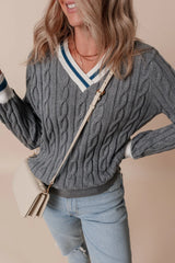 Cable-Knit V-Neck Long Sleeve Sweater Trendsi