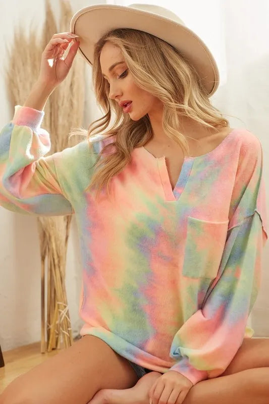 BiBi Brushed Tie Dye French Terry Top with Bubble Sleeves OutfitFlow
