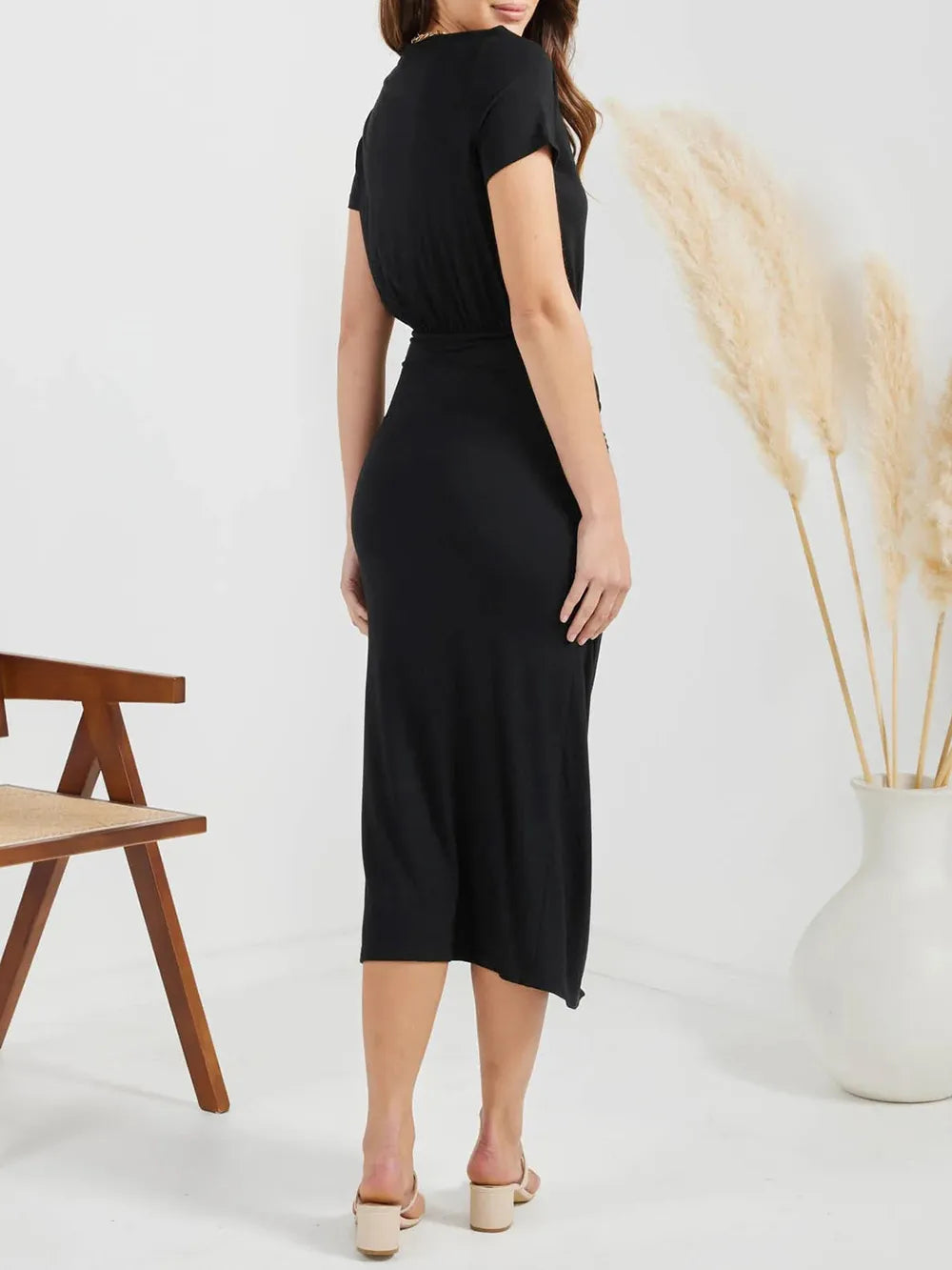 Ruched Slit V-Neck Short Sleeve Dress OutfitFlow