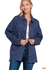 Zenana Oversized Collared Neck Button Front Shackets NAVY OutfitFlow