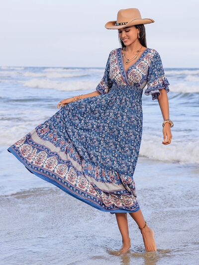 Ruched Printed Flounce Sleeve Midi Dress OutfitFlow