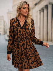 Leopard Tie Neck Long Sleeve Dress OutfitFlow