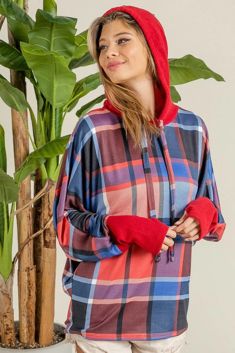 BiBi Plaid Mirr Brushed Rib Contrast Thumb Open Hoodie OutfitFlow