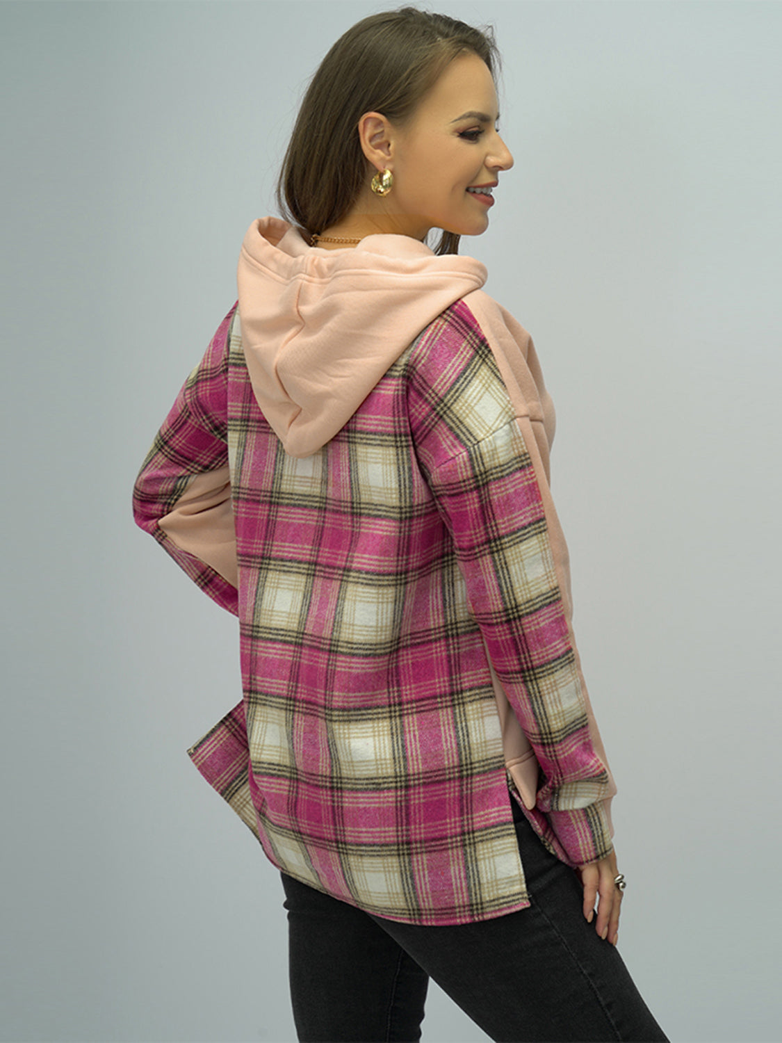 Outfit Flow - Shiny Plaid Drawstring Drop Shoulder Slit Hoodie