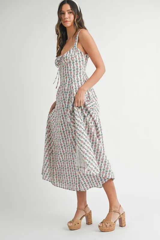 MABLE Floral Print Bustier Back Lace Up Midi Dress OutfitFlow