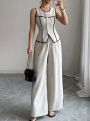 Contrast Piping Round Neck Top and Wide-Leg Pants Set OutfitFlow