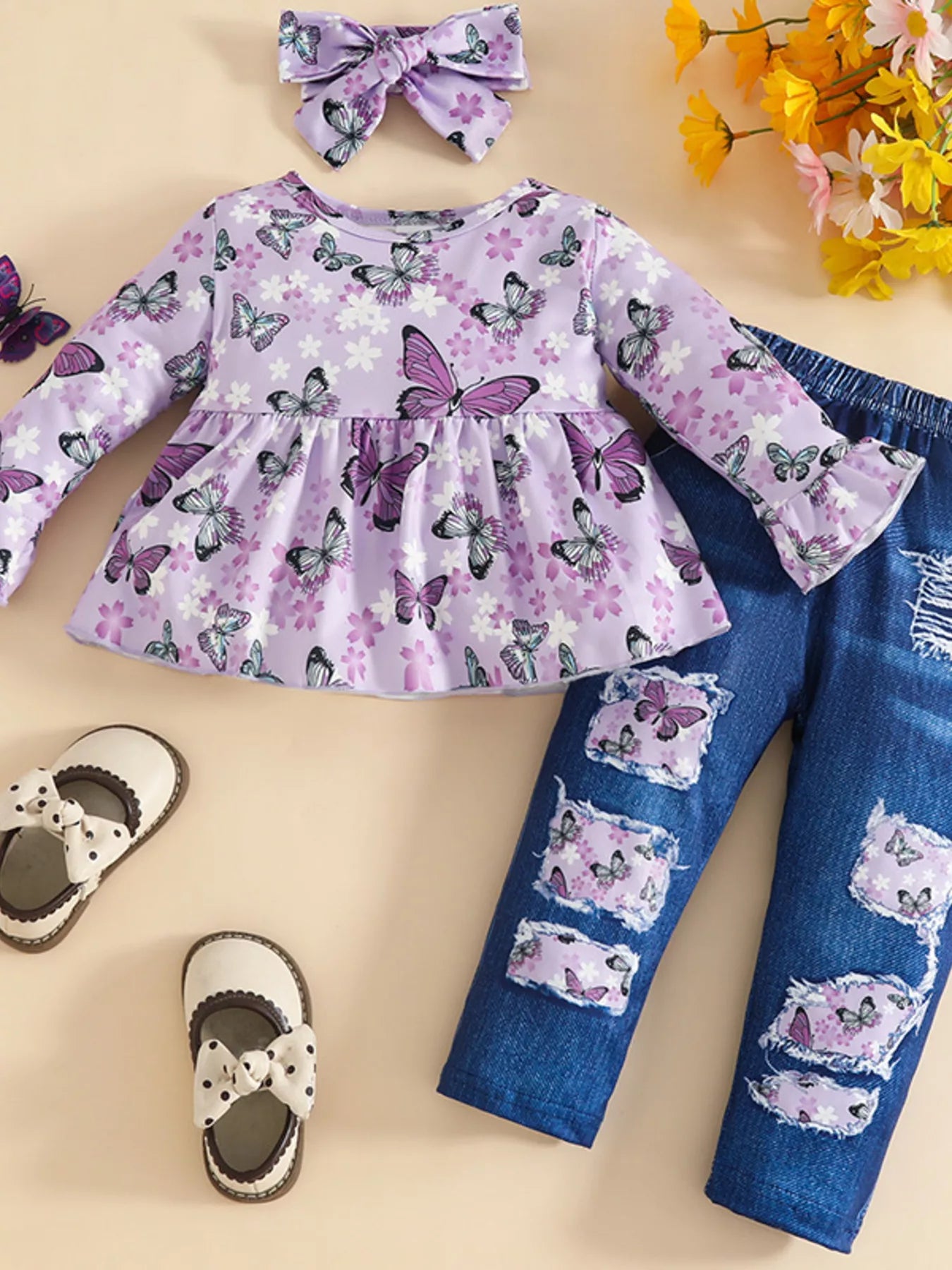 Children's Ladybug Print Ruffle Hem Top & Jeans Set with Headband Lavender Trendsi