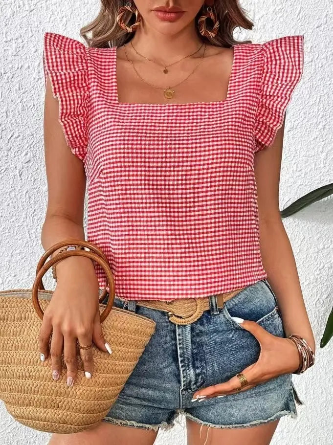 Ruffle Sleeve Gingham Square Neck Top OutfitFlow