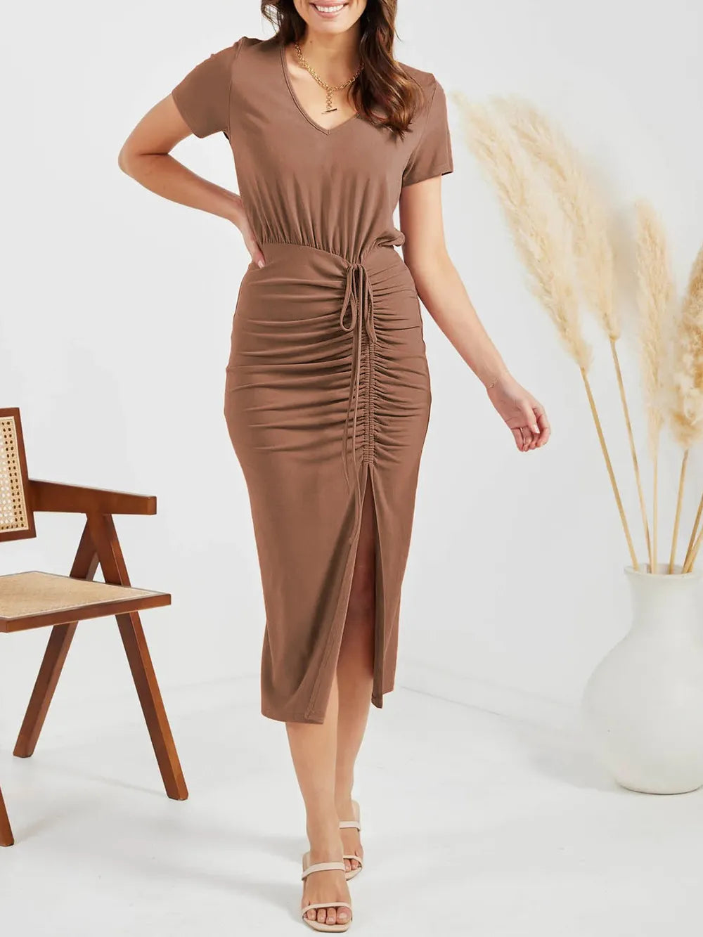 Ruched Slit V-Neck Short Sleeve Dress Brown OutfitFlow