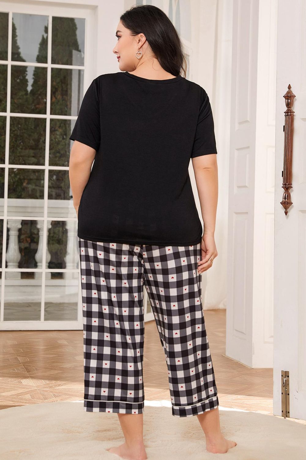 Outfit Flow - V-Neck Tee and Plaid Cropped Pants Lounge Set