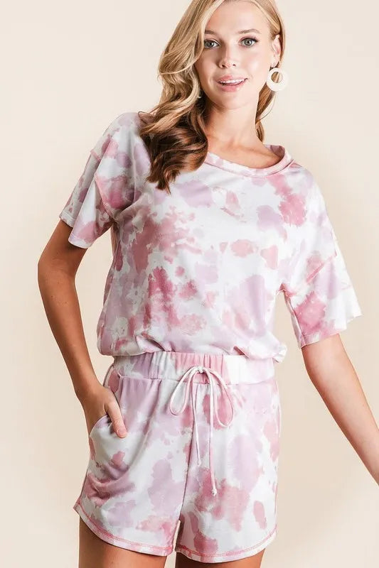 BiBi Tie Dye Print Terry Shorts With Side Pockets OutfitFlow