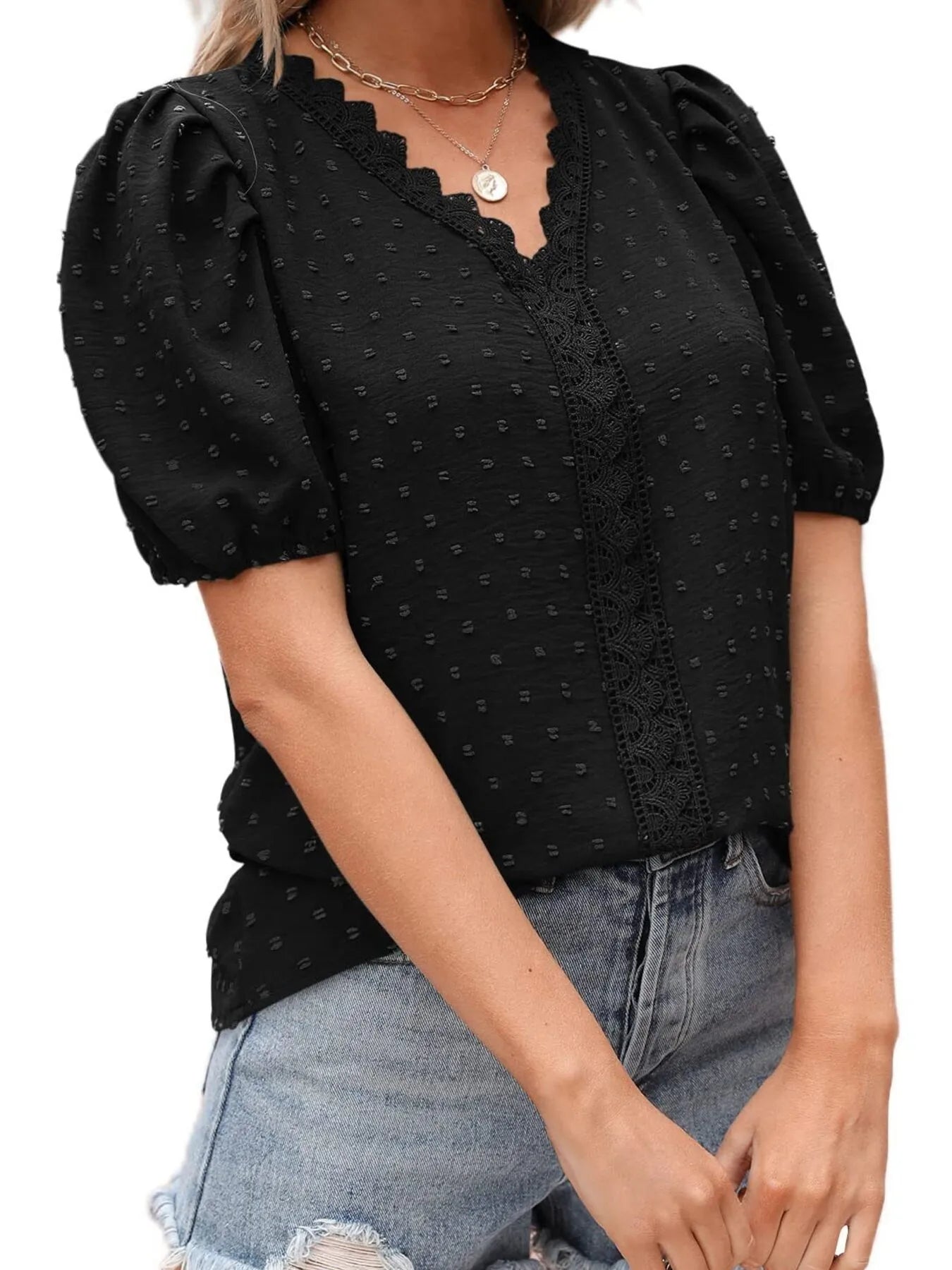 Puff Sleeve Swiss Dot Lace Trim Blouse OutfitFlow