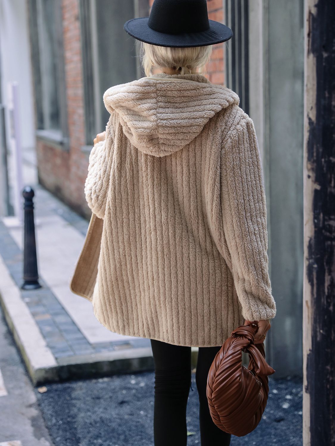 Open Front Ribbed Hooded Coat Trendsi