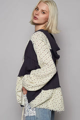 POL Color Block Printed Frayed Hem Hooded Shacket OutfitFlow
