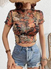 Floral Mesh Crop Top with Lettuce Trim OutfitFlow