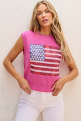 Sequin US Flag Round Neck Sweater Vest