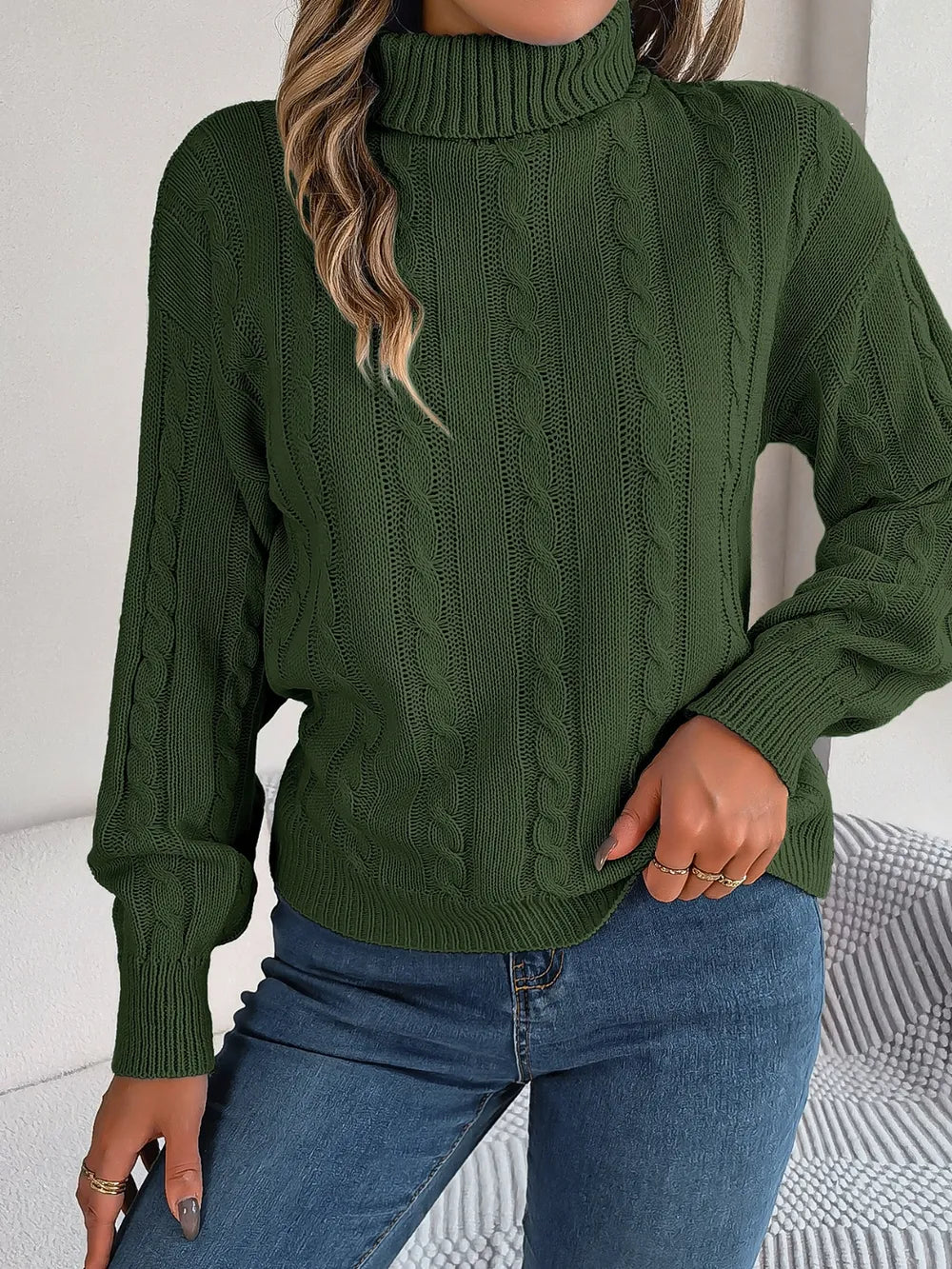 Cable-Knit Turtleneck Dropped Shoulder Sweater Trendsi