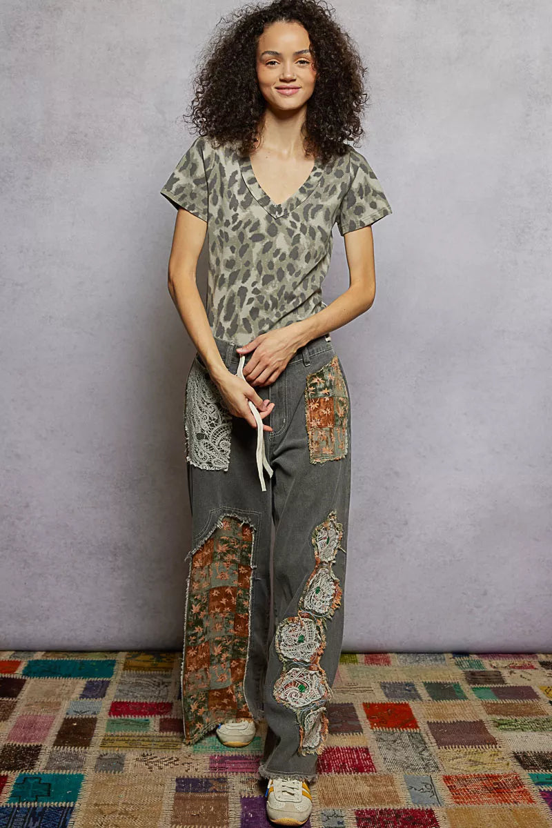 POL Printed V-Neck Short Sleeve T-Shirt OutfitFlow